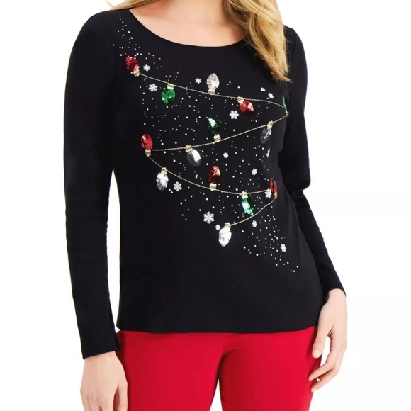 Karen Scott Graphic Christmas Holiday Lights T-shirt Black Large - Picture 5 of 5